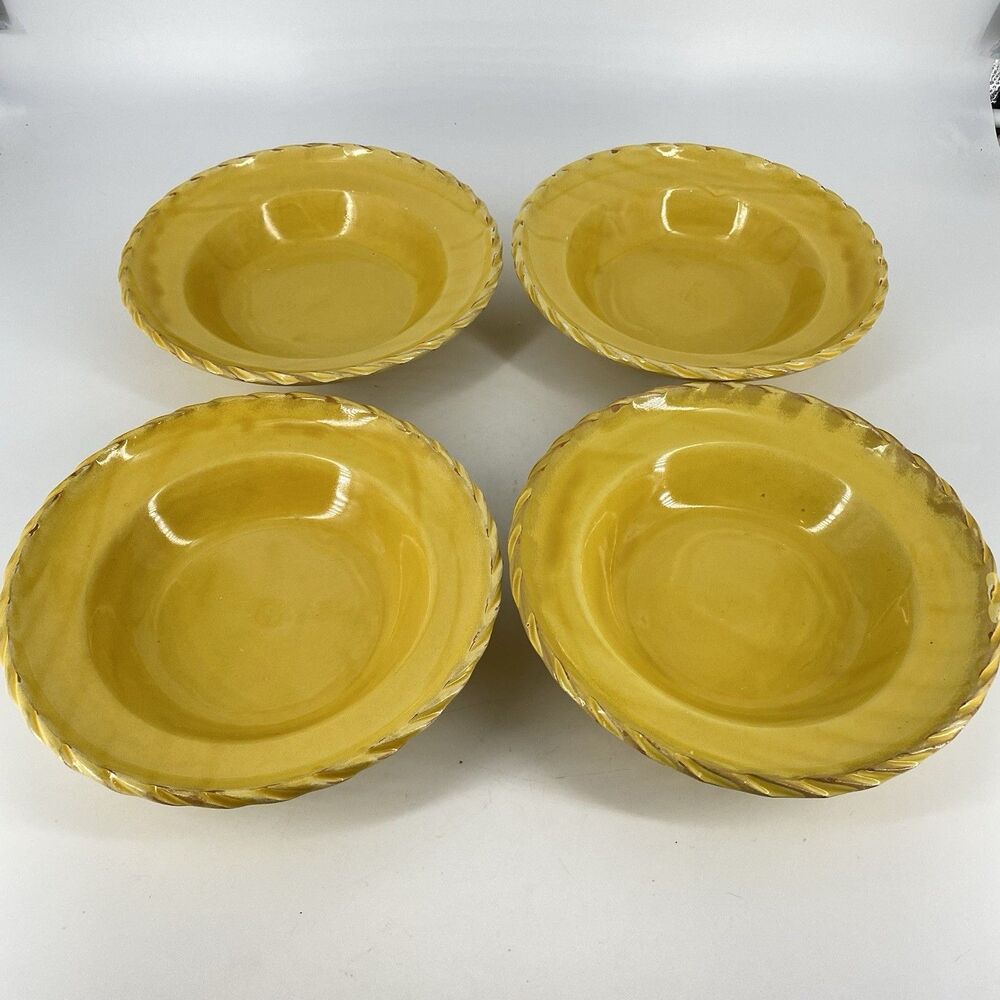 Set of 4 Pottery Barn Whipstitch Yellow Stoneware Bowls 9.25” Italy